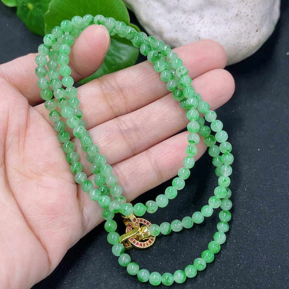 Jadeite bead necklace with 3.8mm jade beads, non-gold, weighing approximately 16.29g, featuring natural mineral components.