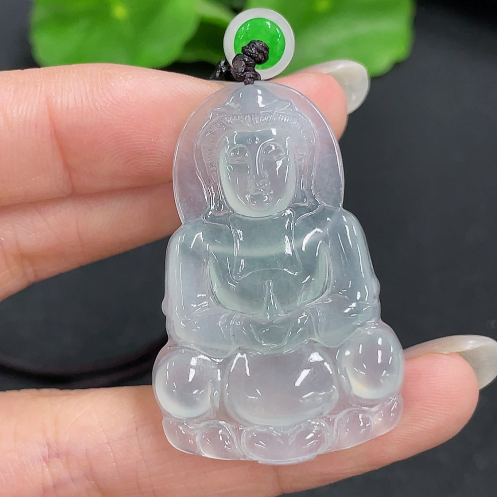 Jadeite Guanyin pendant necklace with rope cord, featuring detailed carved Buddhist figure in vibrant green jade, HKHQ brand.