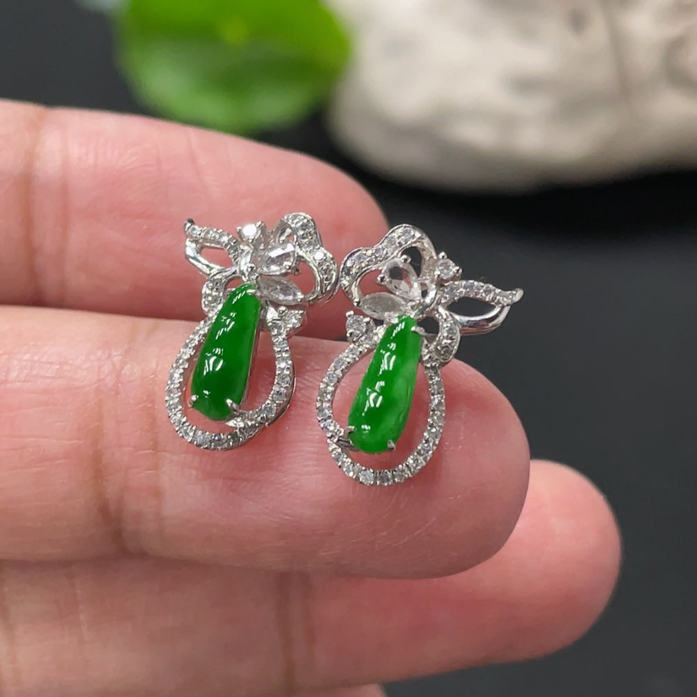 Jadeite Lucky Bean Earrings Pair Setting with Diamond Accents (only smallest accent stones) . | Huiliu Certified