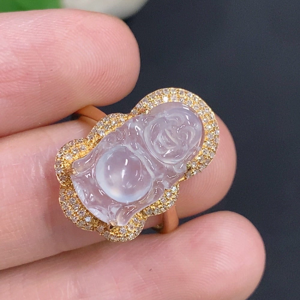 Jadeite Buddha inlay ring 18K Gold with diamonds