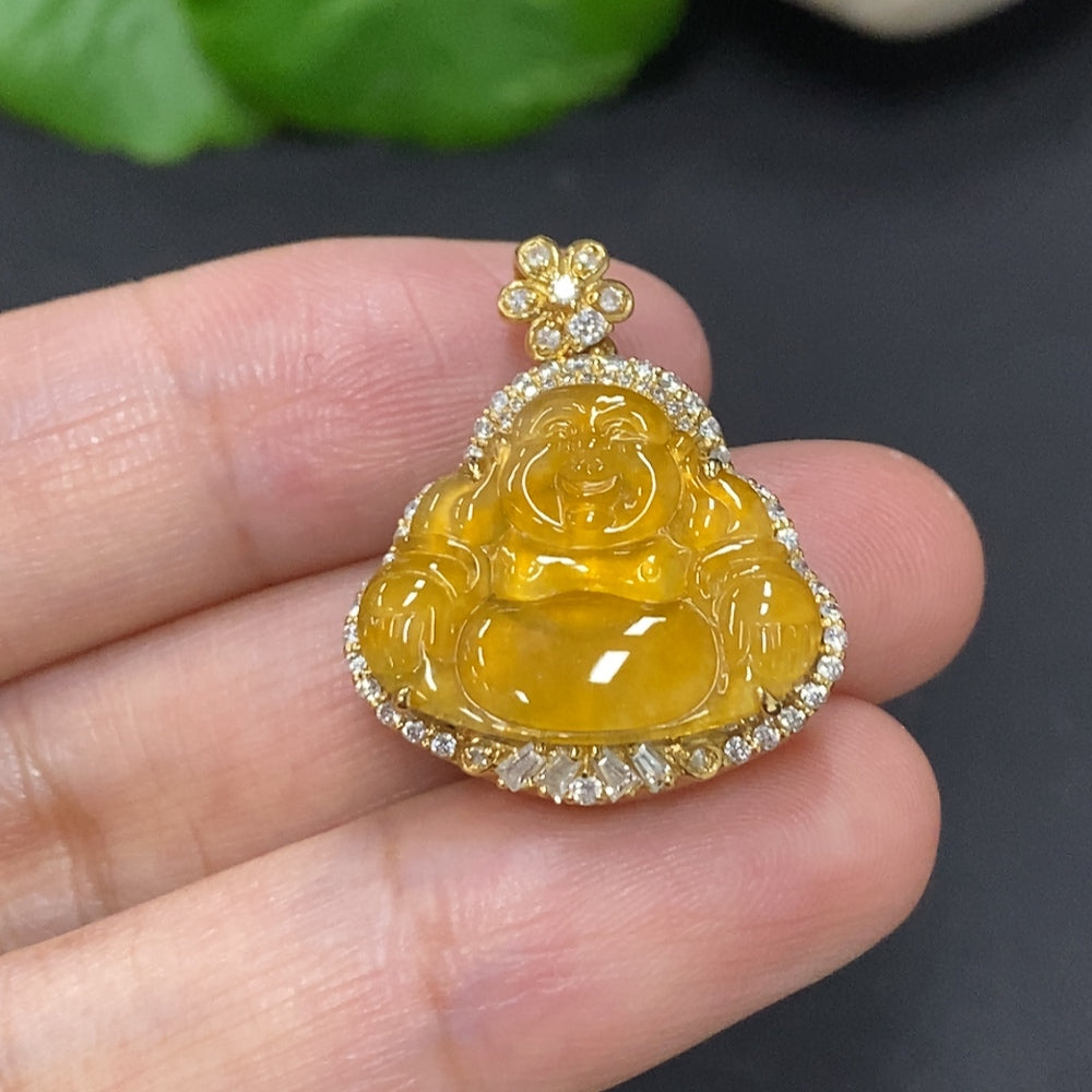 Jadeite Buddha inlay pendant 18K gold (with diamond inlays) (Color origin undetermined) (Base precious metal affects product color)