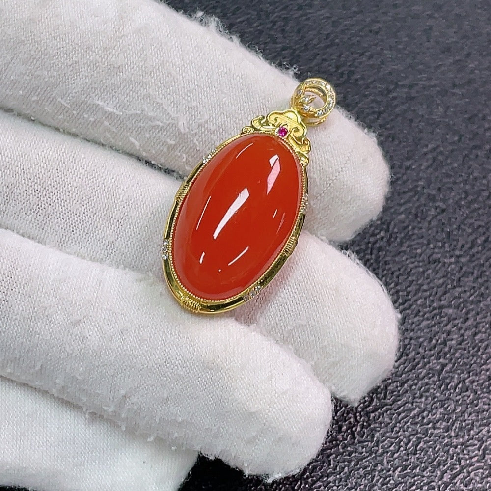 Red Agate Pendant with Diamond Accents, Colorless, . | Huiliu Certified