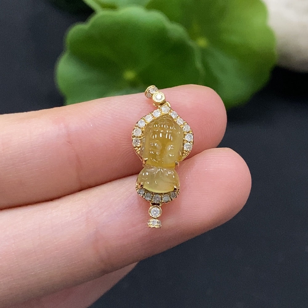 Jadeite Baby Buddha Inlaid Pendant No Hallmark, Content Tested, Diamond Accents, Approximately | Huiliu Certified