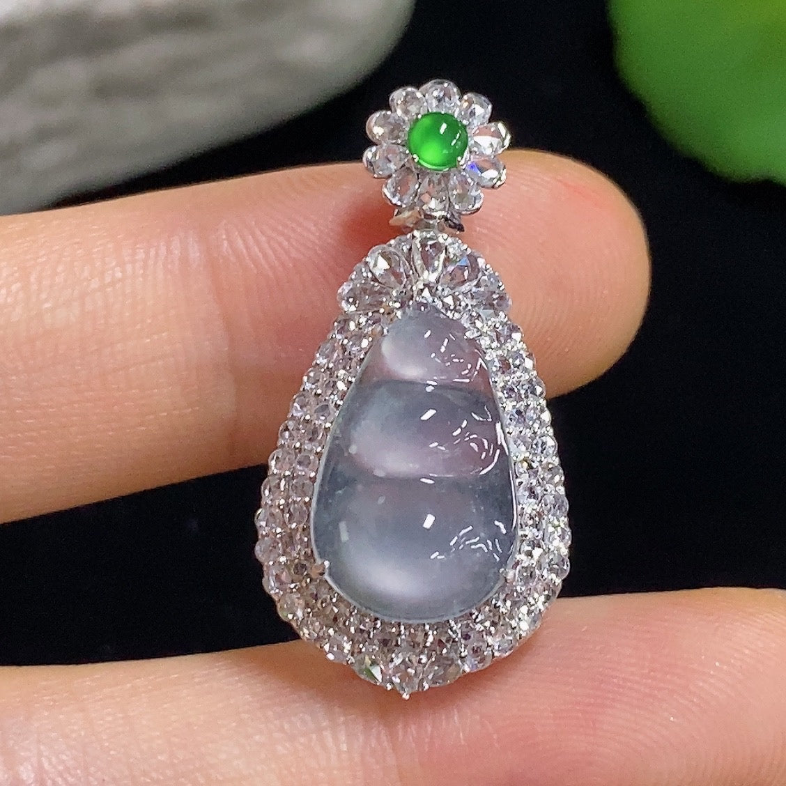 Jadeite Fudu Bean Inlaid Pendant 18k with Diamond Accents Total Weight Approximately 3.47g