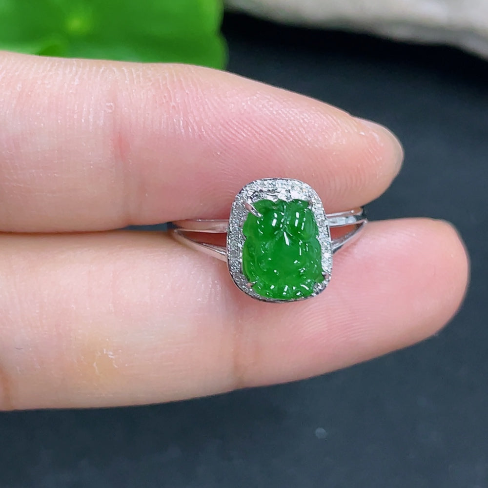 Jadeite ring with 18k gold band and diamond accent, size 13, HKHQ jewelry, featuring a polished green jade gemstone.