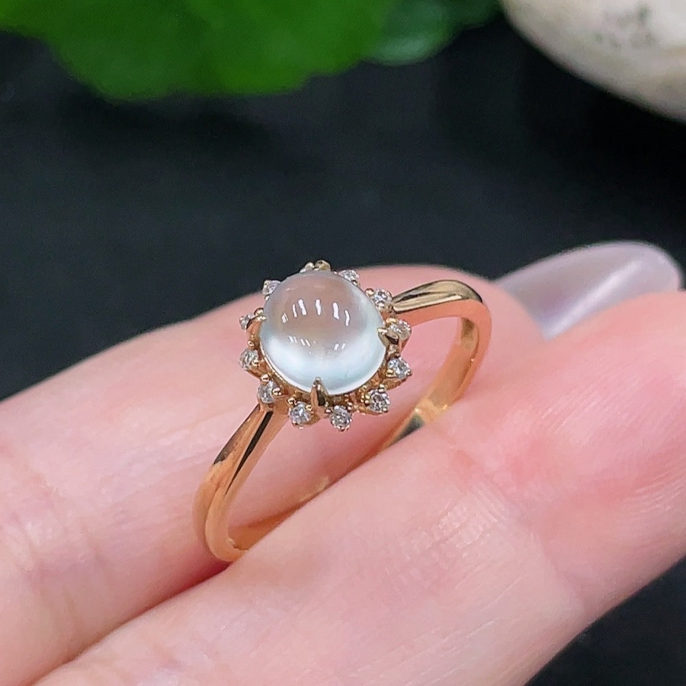 Jadeite inlaid ring with diamond accents, size 17, 73% gold, by HUILIU HQ, featuring a polished jade gemstone and gold band.