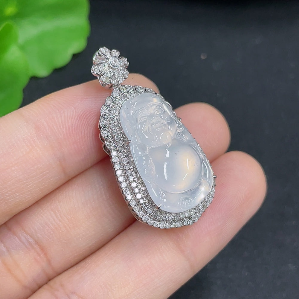Jadeite Pendant God of Wealth 18k with Diamond Inlay