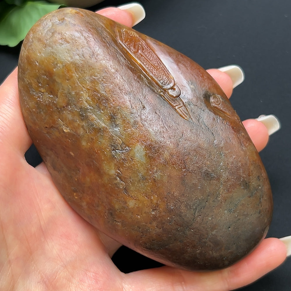 Hetian Jade Double Blessings Handheld Piece, color origin undetermined, contains other mineral components