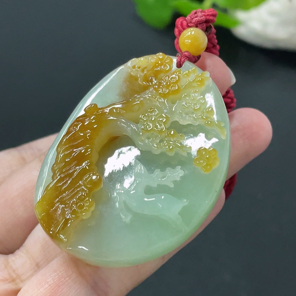 Huiliu Jadeite deer pendant, natural green jade jewelry with detailed carving, certified by HUILIU HQ.
