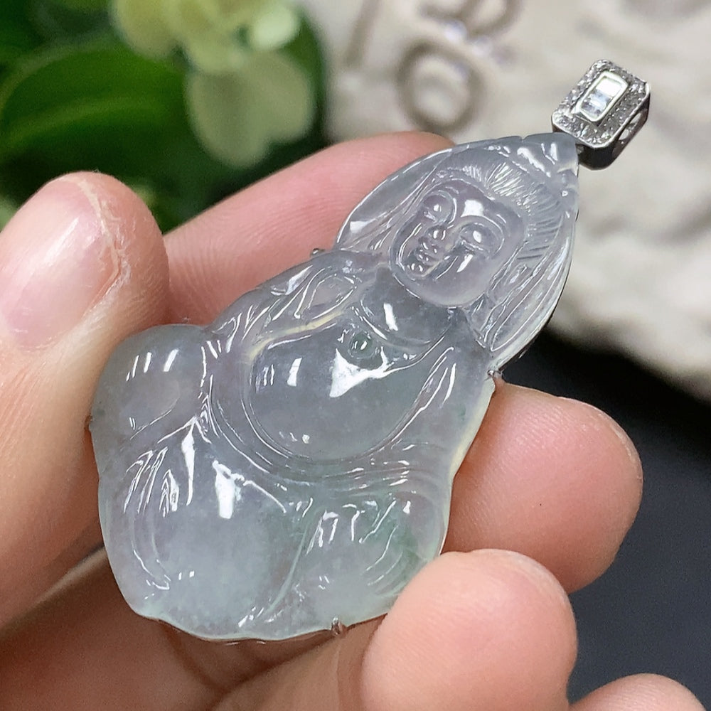 Baby Guanyin Jadeite Pendant with 18K Gold Inlay, Approx. 6.4g