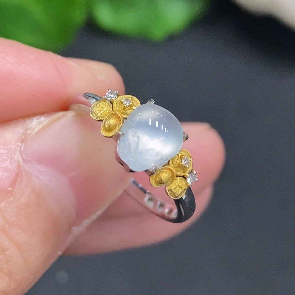 Jadeite Ring with 18K Gold Size 13 Total Weight Approx. 1.9g (Accented with Diamonds)