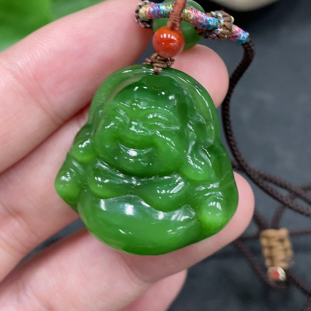 Huiliu Certified Hetian Jade Pendant Buddha with rope, featuring a smooth, polished green jade Buddha figure on a cord.