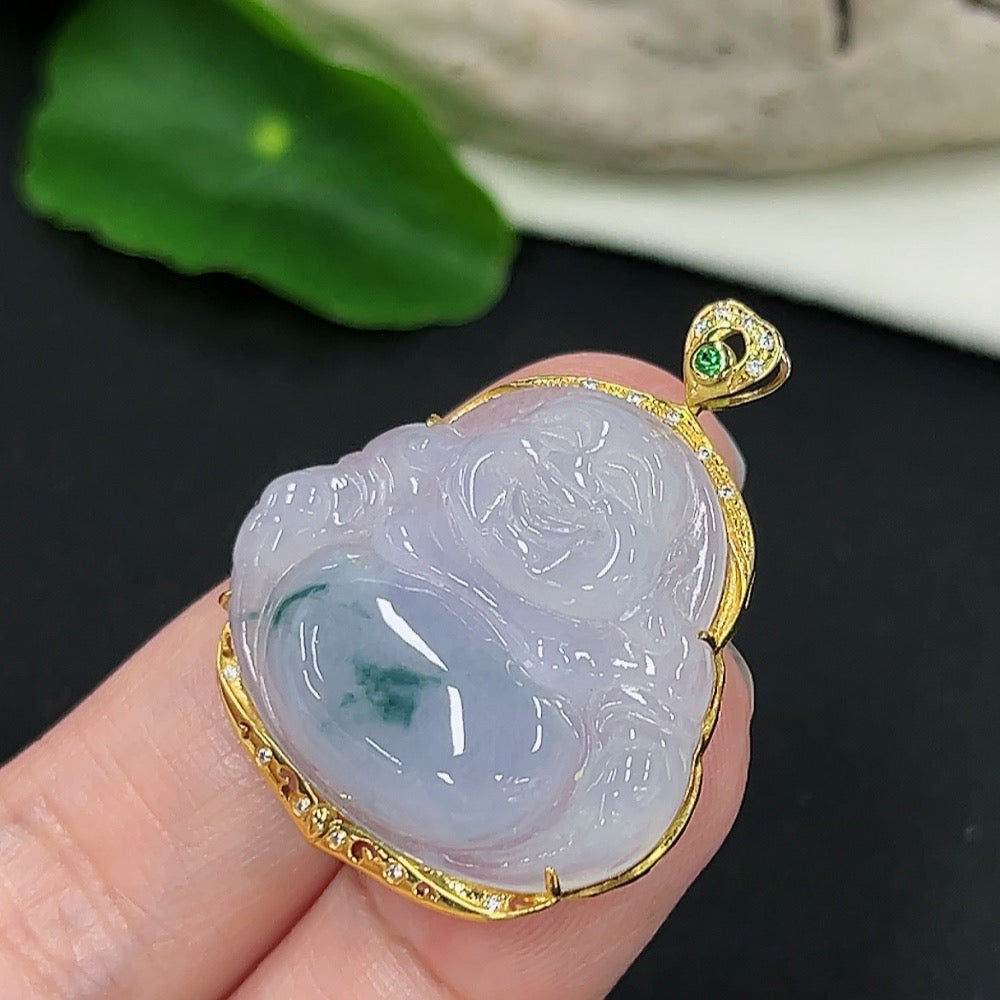 Jadeite Buddha inlaid pendant on 18K gold tested necklace, HKHQ, weighing approximately 6.47g, intricate design, no stamp.