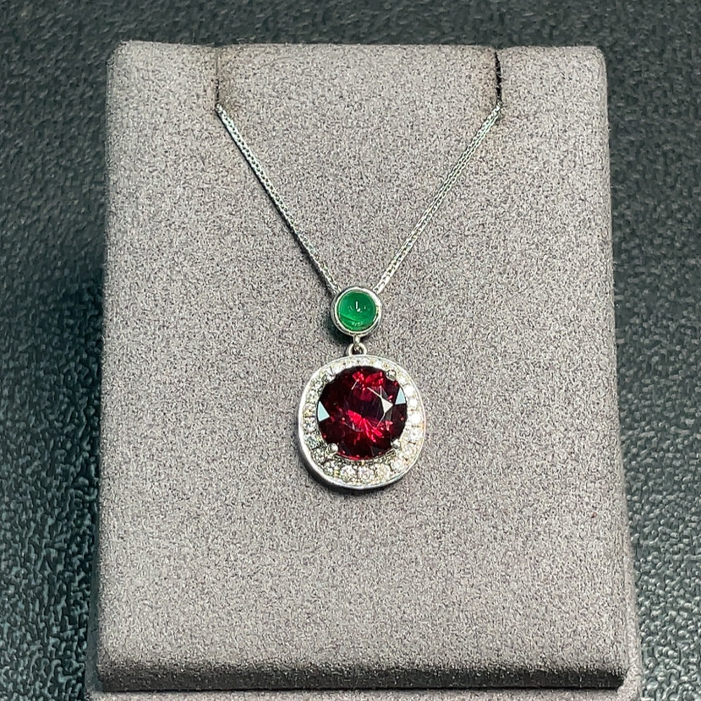 Garnet Pendant with Clarity-Enhanced Emerald and Diamond Accents in, . Including Chain | Huiliu Certified