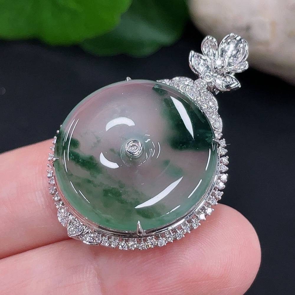 Jadeite peace knot pendant with 18K gold and diamond accents, crafted by HUILIU HQ, showcasing intricate design and high-quality jade.