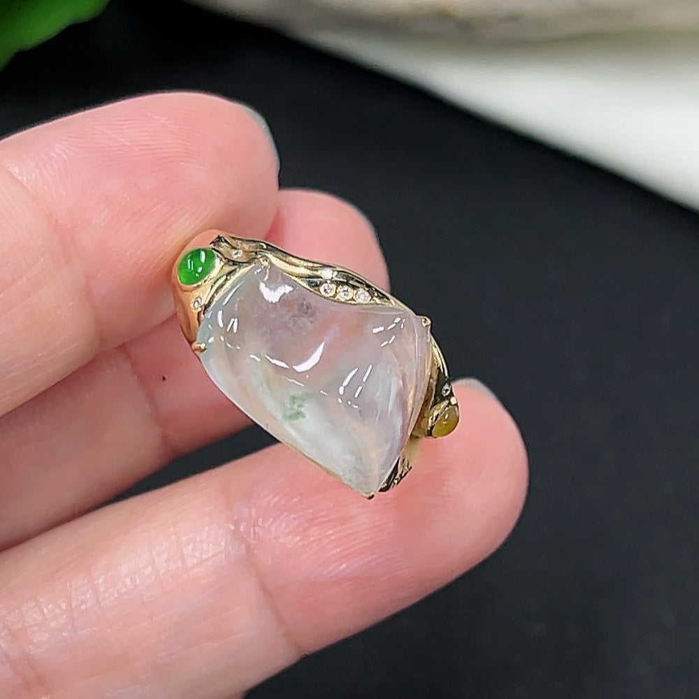 Jadeite inlaid ring with diamond accents, size 16, crafted in 18K gold, weight approx. 4.1g, by HKHQ.