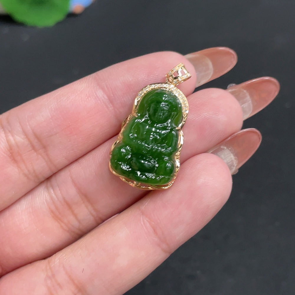 Huiliu certified Hetian jade Jasper Inlaid Guanyin pendant with diamond accents, showcasing intricate craftsmanship and natural stone details.