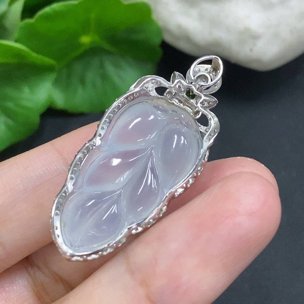 Huiliu Jadeite leaf inlay pendant with diamond accents, showcasing intricate jade craftsmanship and elegant design.