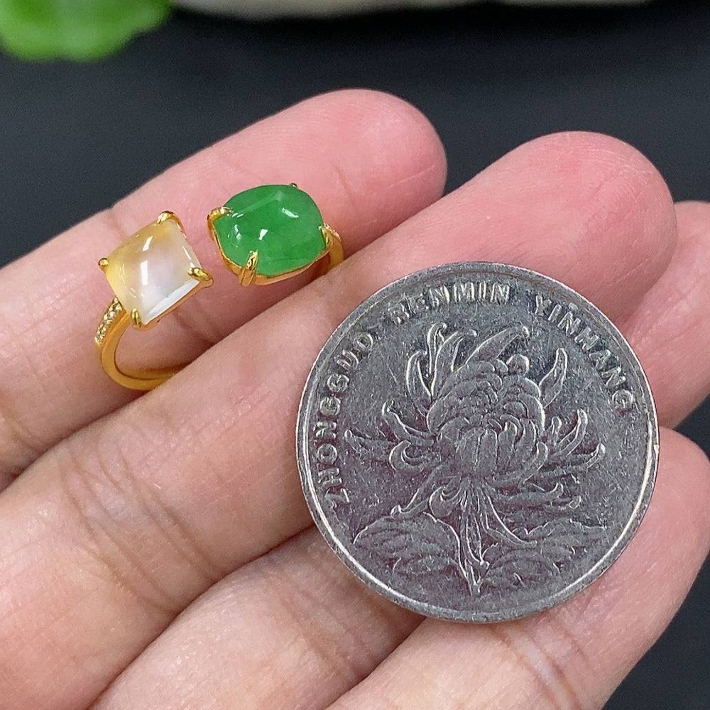 Jadeite inlaid ring with 18k gold and diamond accents, size 13, featuring intricate jade design and total weight 1.83g.