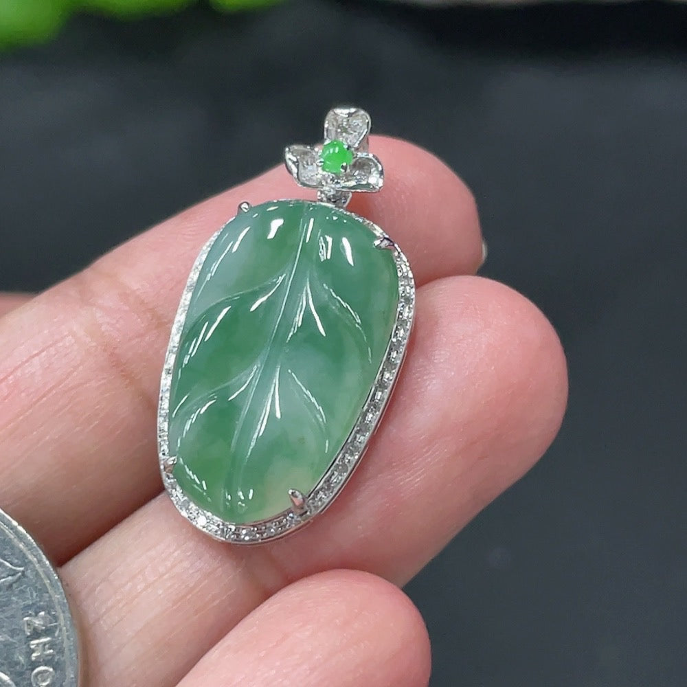 Jadeite Leaf Inlaid Pendant Inlaid . | Huiliu Certified