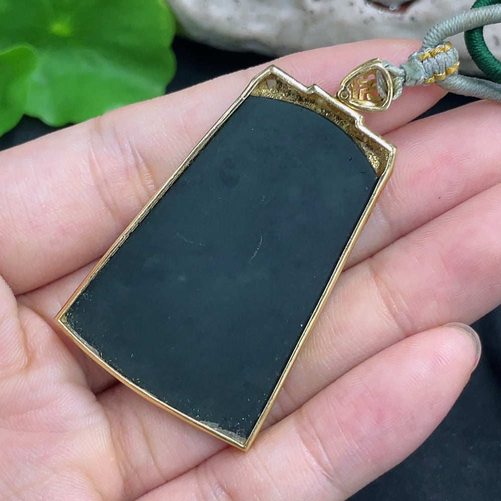 Jadeite pendant with landscape design, 18k diamond accents, HKHQ jade jewelry on a cord, featuring mineral components, weight 18.57g