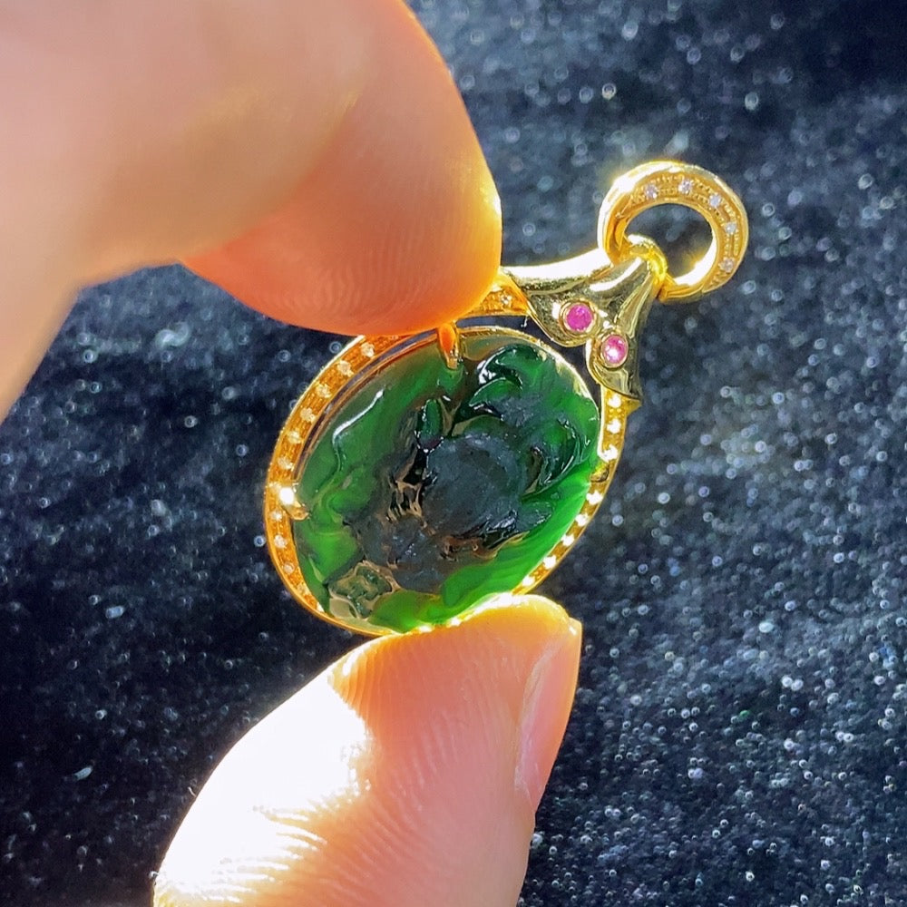 Jadeite Dragon Pendant with and Diamond (Colorless) Accents, . | Huiliu Certified