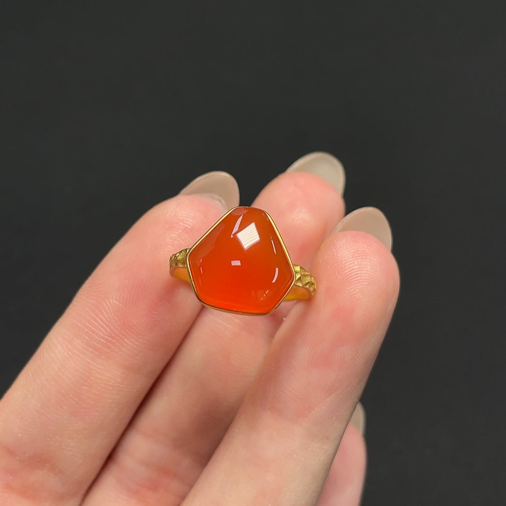 South Red Agate gemstone ring with organic matter, 18K gold band, size 13, lightweight, elegant jewelry piece.