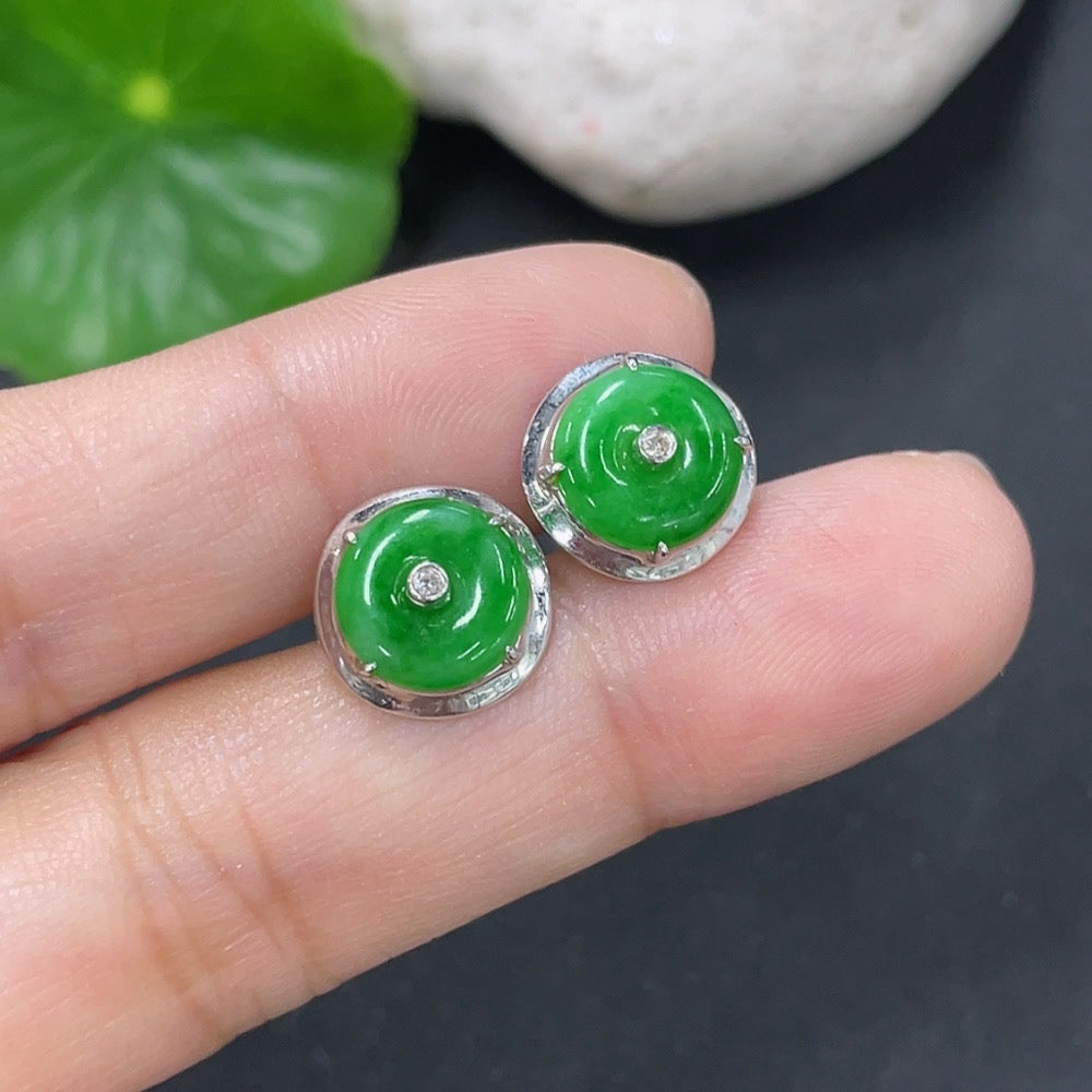Jadeite Earrings with 18k Ear Caps, 14k Main Body, and Diamond Accents, Total Weight Approximately 2.1g