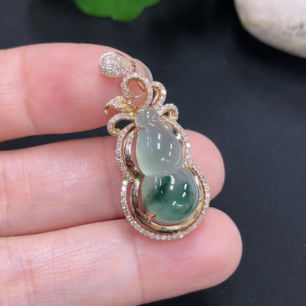 Jadeite Gourd Pendant . (with Diamond Accents) | Huiliu Certified