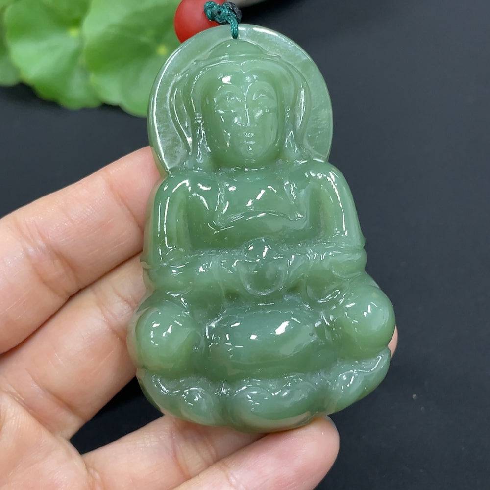 Huiliu certified Hetian Jade Jasper Pendant featuring Guanyin figure, handcrafted with intricate details and smooth polished surface.