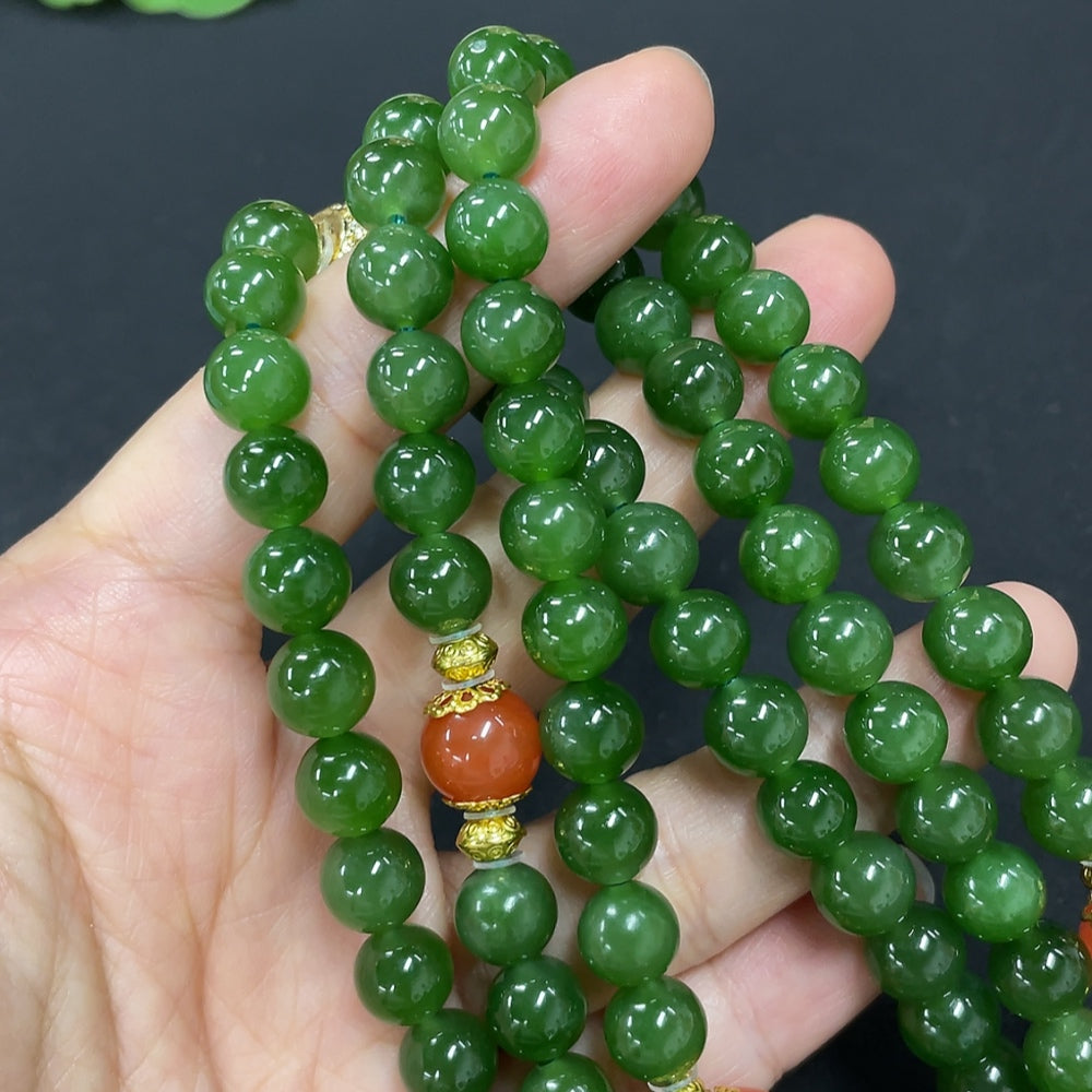 Green Hetian Jade Bead Necklace, Non-Gold, With Southern Red Agate