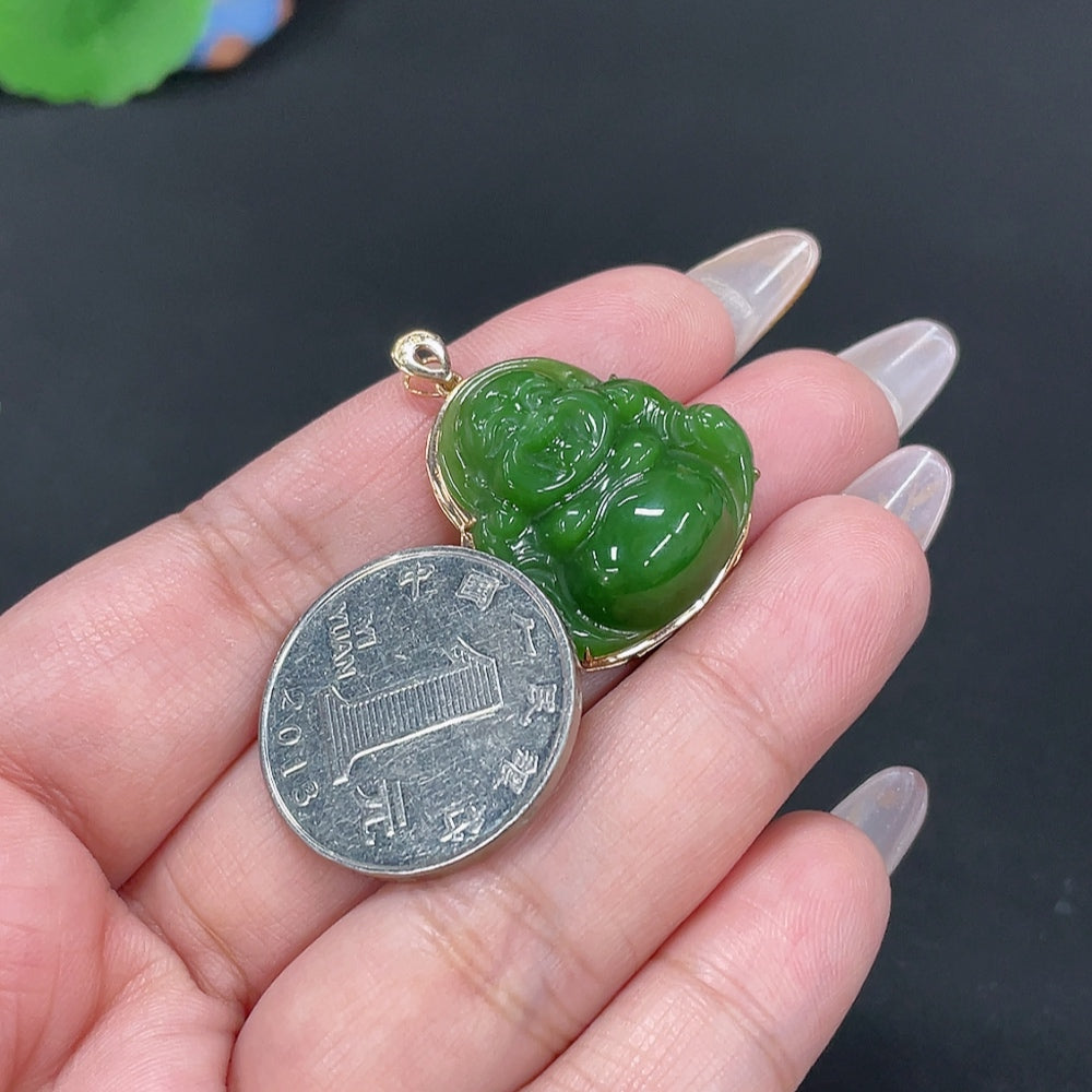 Hetian Jade Inlaid Pendant - Buddha, Total Weight Approx. 5.4g, 18K Gold with Diamond Accents