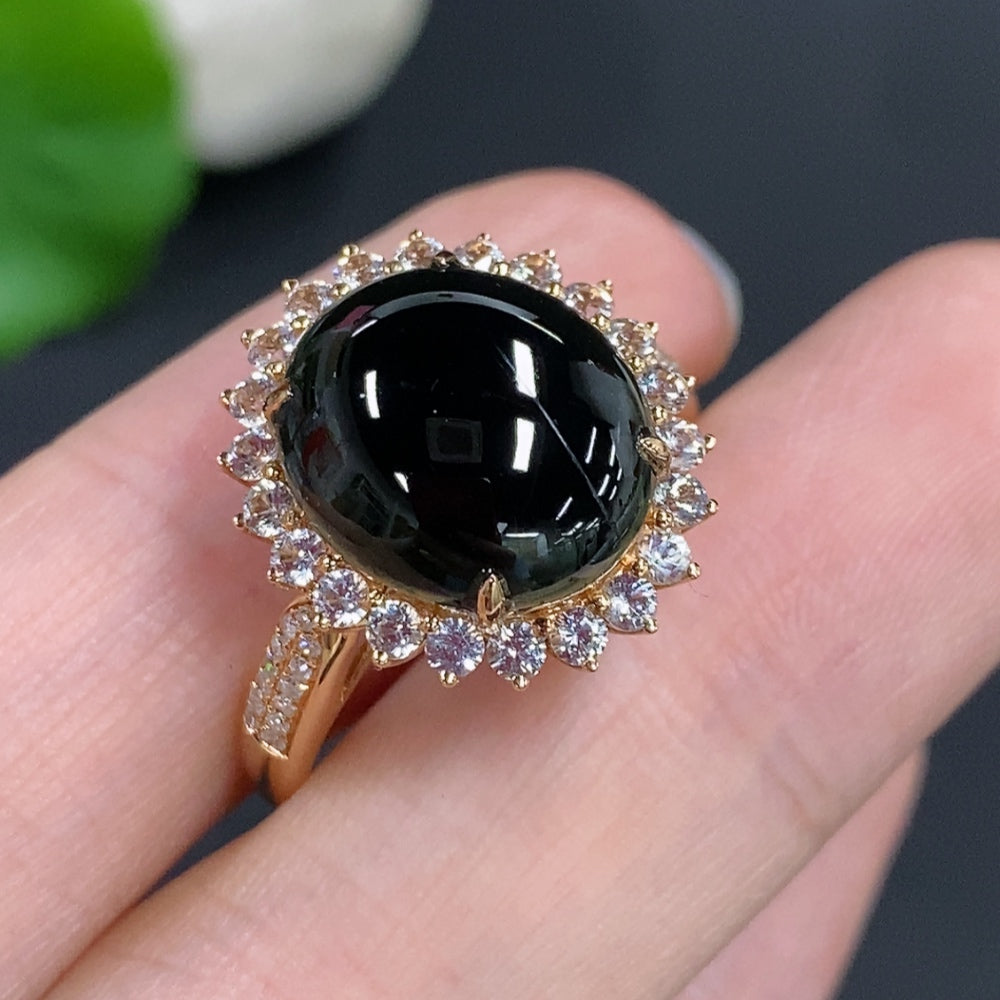 Jadeite cabochon ring with 18K gold (only the smallest accent stones are diamonds)