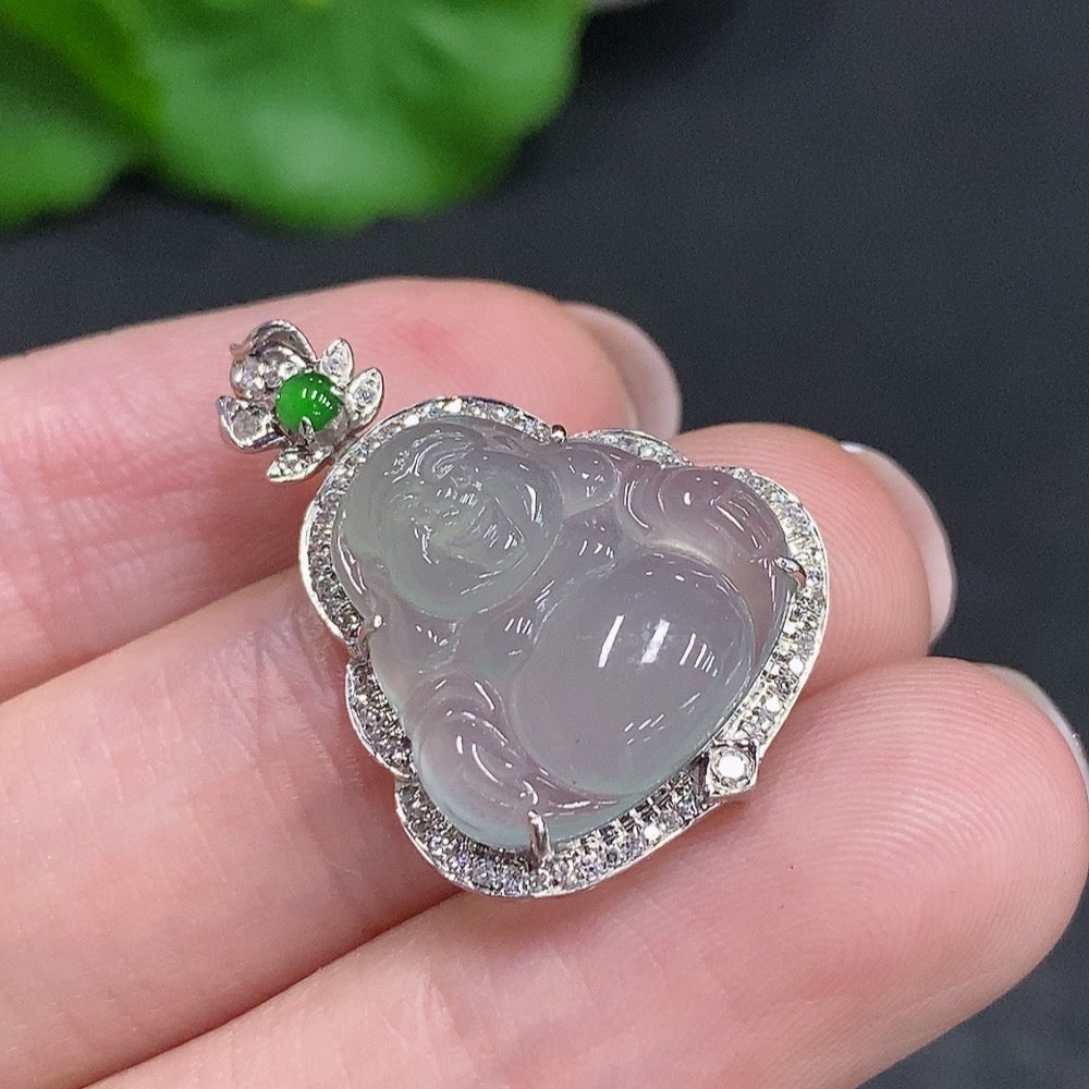 Jadeite Buddha pendant by HUILIU HQ with 18k gold and diamond accents, featuring a detailed Buddha figure on a jewelry chain.