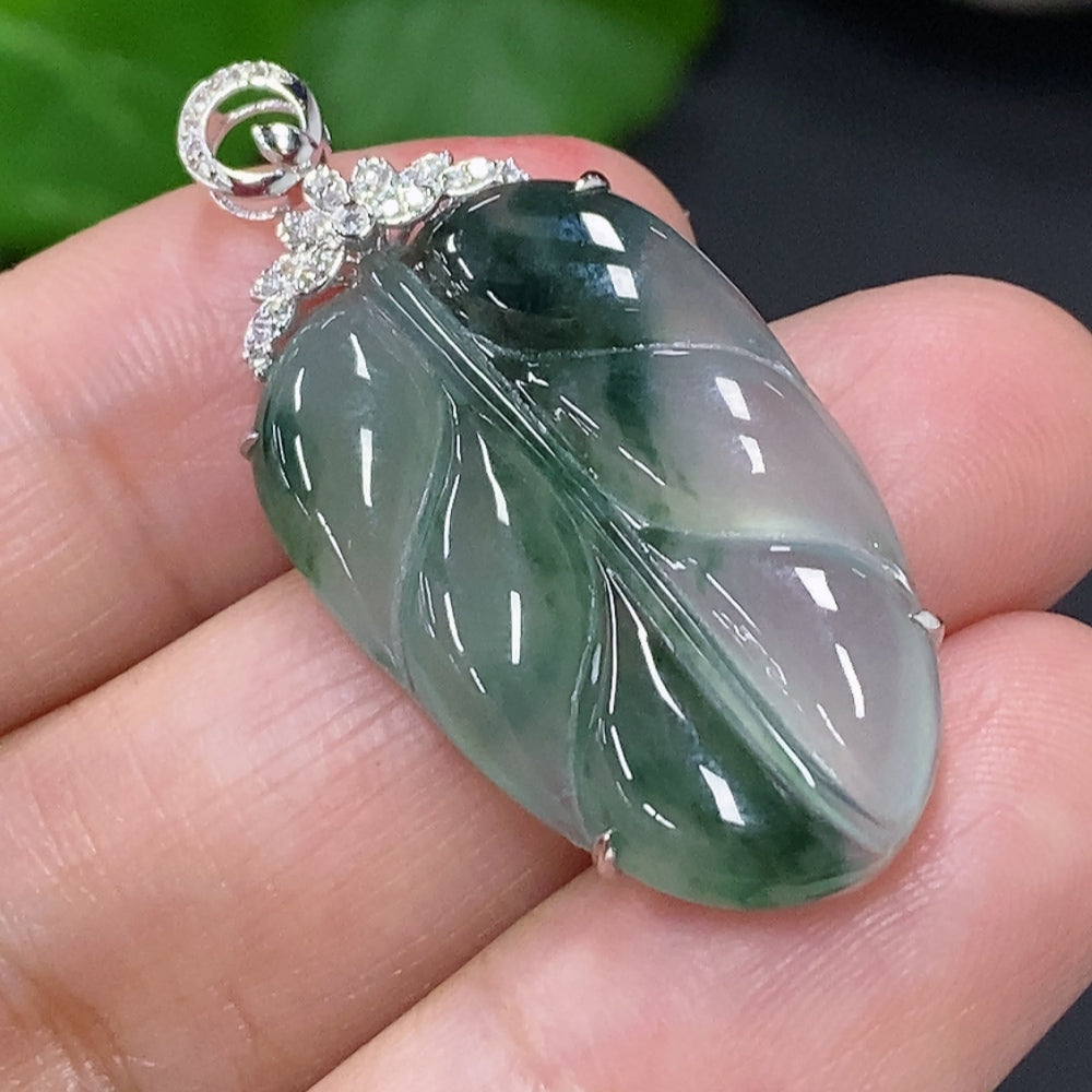Jadeite Leaf Inlay Pendant . (With Diamond Accents) | Huiliu Certified