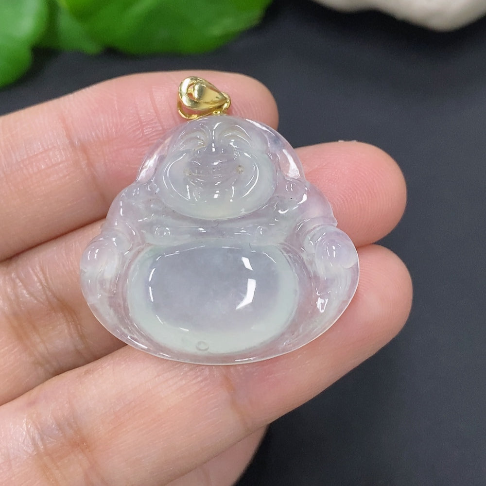 Jadeite Buddha Pendant with 18K Gold Clasp, Total Weight Approximately 7.3g