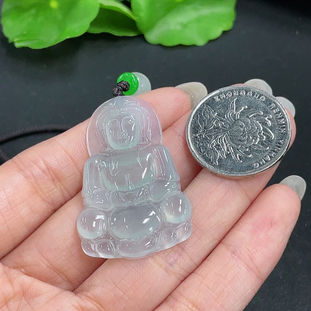 Jadeite pendant featuring Guanyin figure on a rope necklace, crafted by HKHQ, showcasing intricate design and smooth jadeite surface.