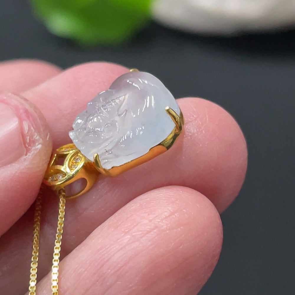 Jadeite Pi Xiu pendant with diamond accents on a gold-tone design, weighs approximately 1.7g, chain not included, by HUILIU HQ.