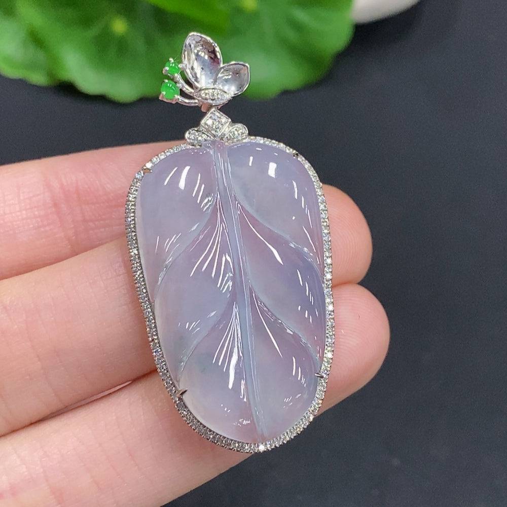 Huiliu Jadeite leaf inlay pendant with diamond accents, crafted from high-quality jade, featuring intricate leaf design and sparkling detail.