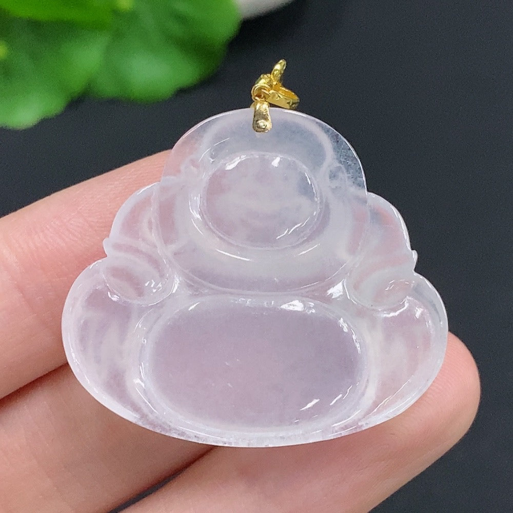 Jadeite Buddha pendant with 18k gold clasp, crafted from smooth green jade, weighing approximately 10g, by HUILIU HQ.