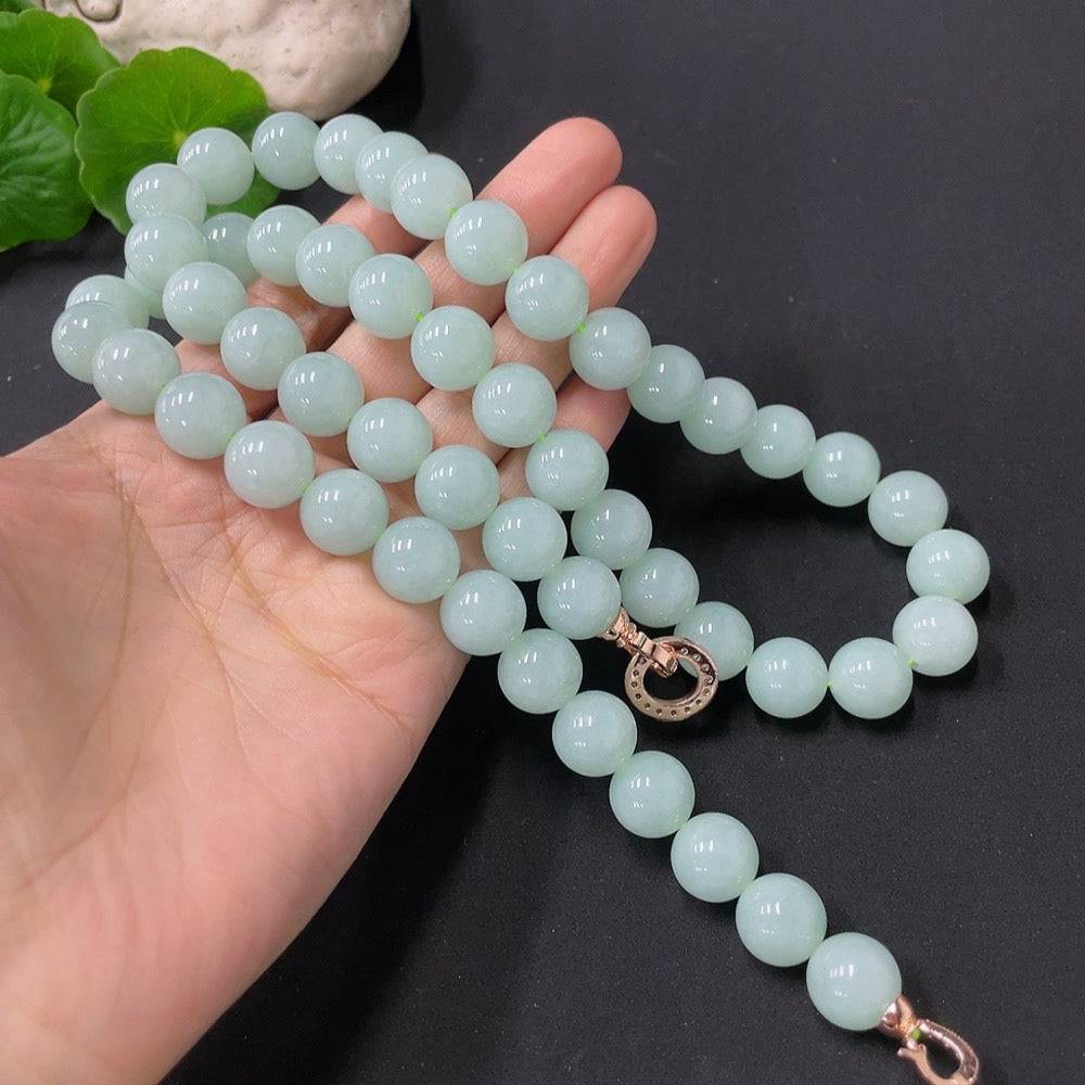 Huiliu Jadeite bead necklace with 11.5mm round jade beads, certified jade jewelry, natural green color, handcrafted design