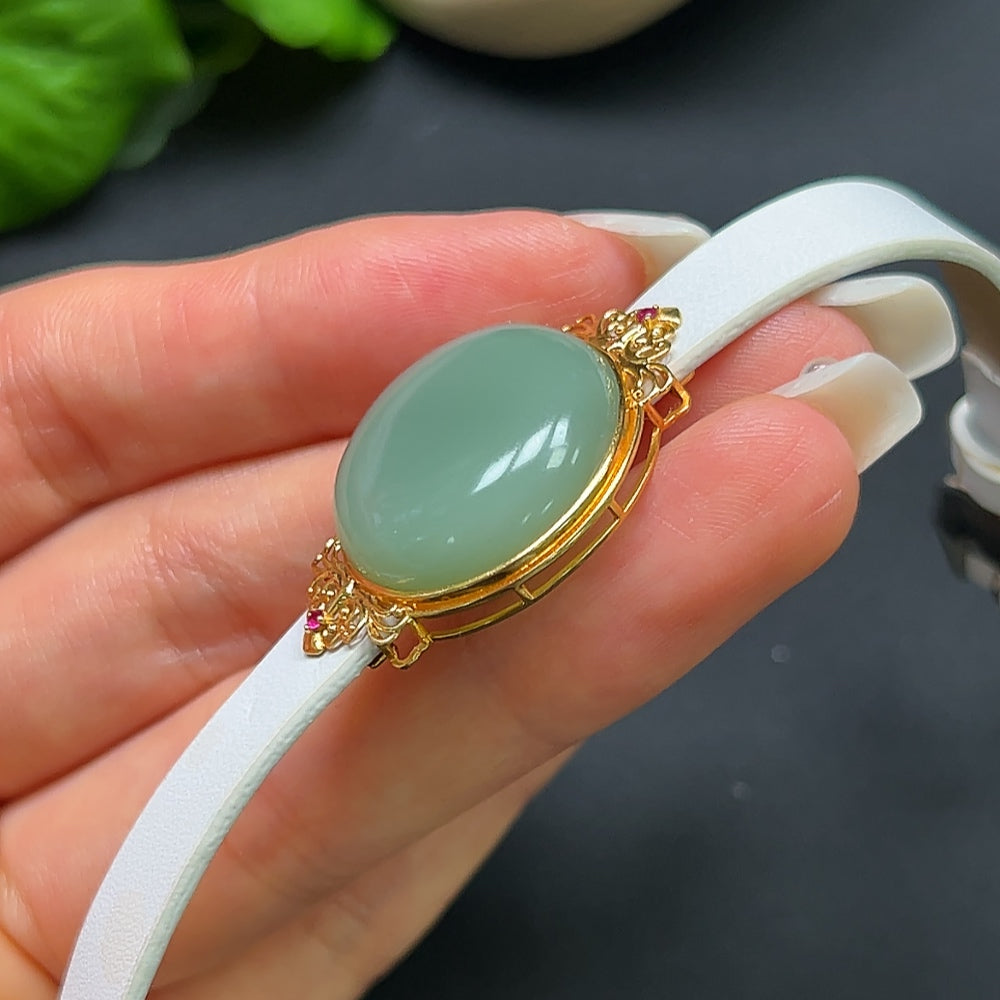 Hetian Jade Cabochon Bracelet 18K Gold with Leather Wristband