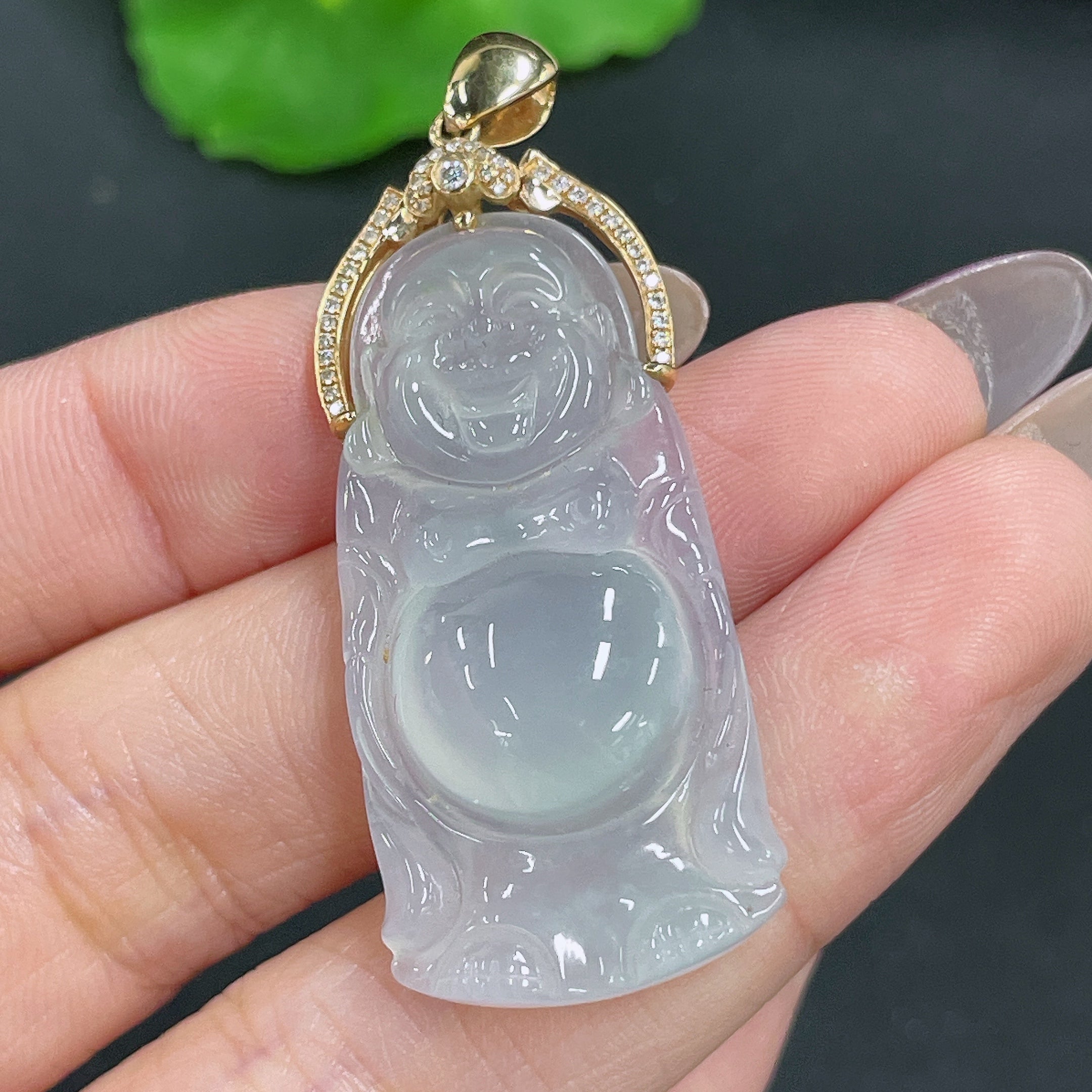 Jadeite Pendant Buddha 18K Gold Inlaid with Diamonds Total Weight Approx. 8.88g
