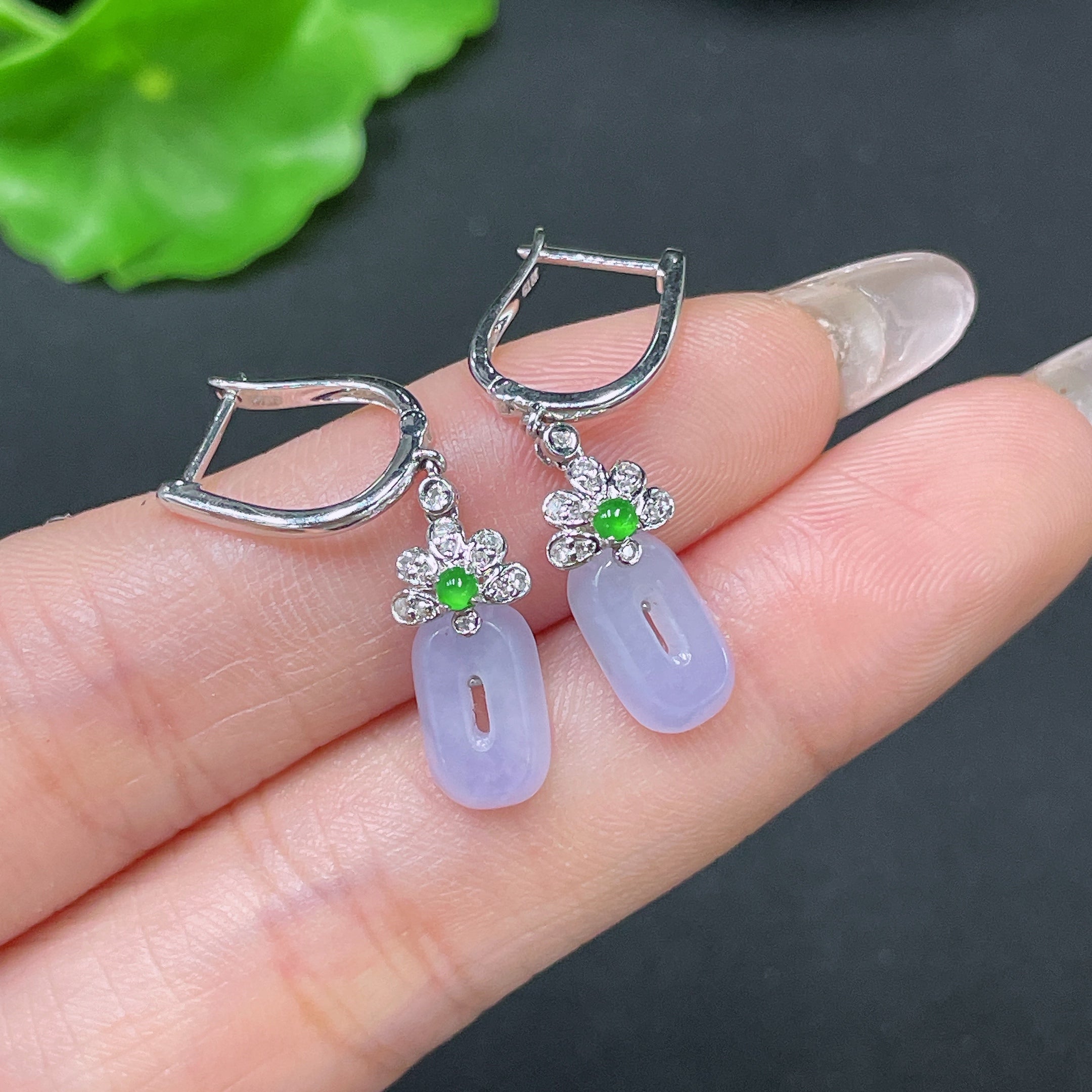 HUILIU HQ jadeite earrings with diamond accents, tested jade jewelry, no hallmark, certified by Huiliu, elegant green jade earrings