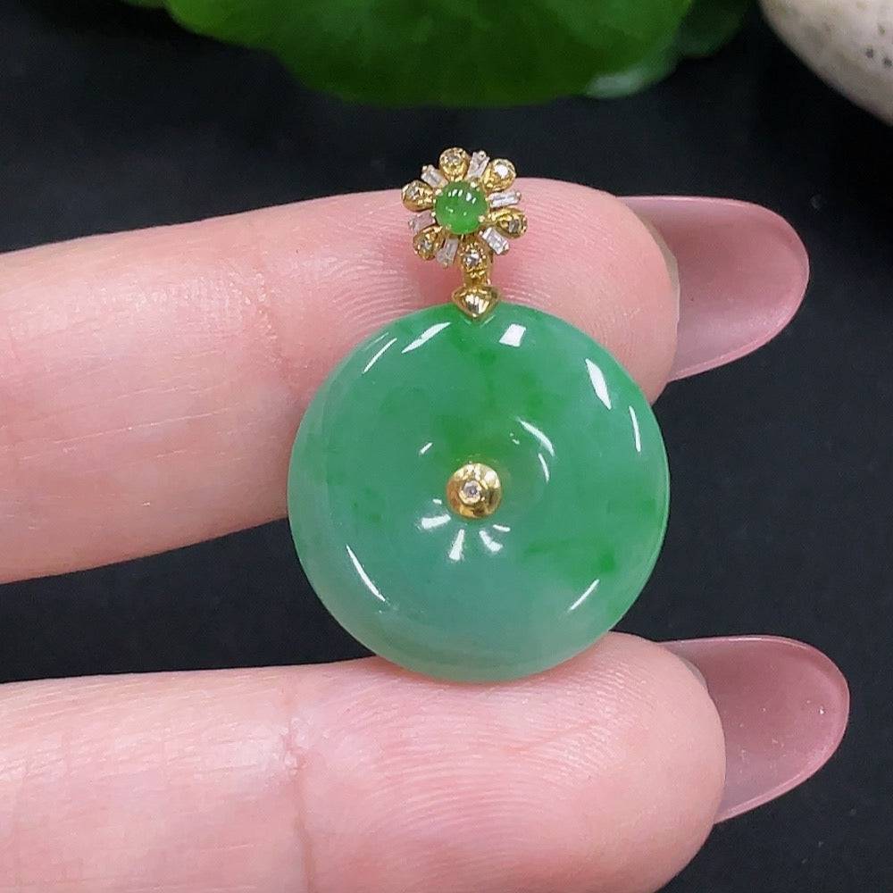 Jadeite safety pendant with diamond accents, 18K gold, from HUILIU HQ, featuring a smooth jade gemstone and elegant design.