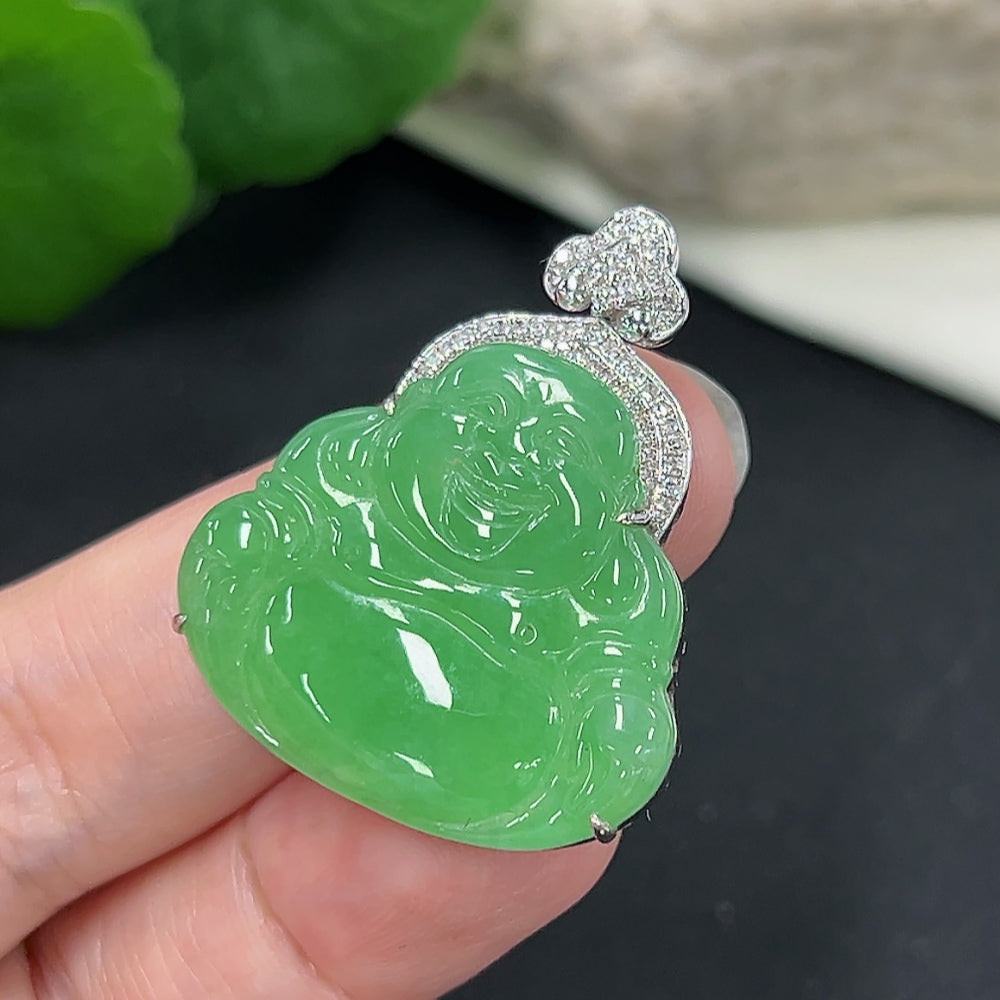 Jadeite Buddha Pendant Set in 18K Gold (with Diamond Accents)