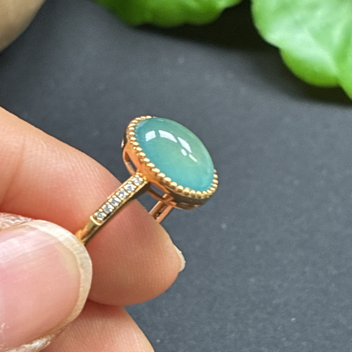Jadeite and diamond 18k gold ring with cabochon, featuring HKHQ branding and a total weight of 2.51 grams.