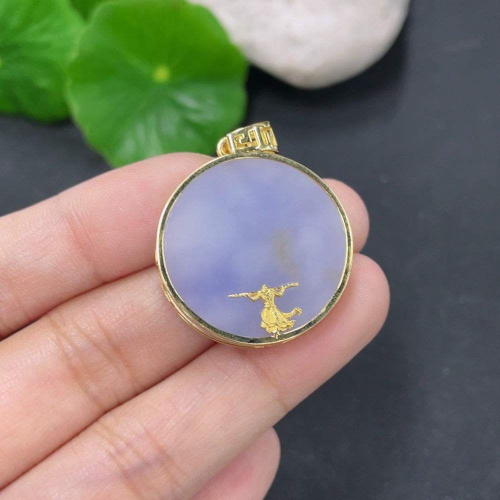 Jadeite plain pendant with 18k gold setting, hanging on a necklace, weight approx. 6.85g, elegant jewelry piece by HKHQ.