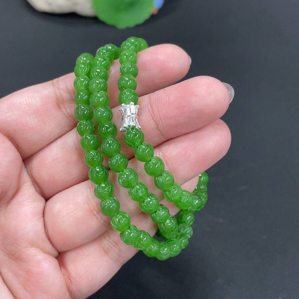 Beaded Hetian Jade Jasper necklace with flowering wealth design, 6mm beads, weighted 29.9g, by HUILIU HQ.