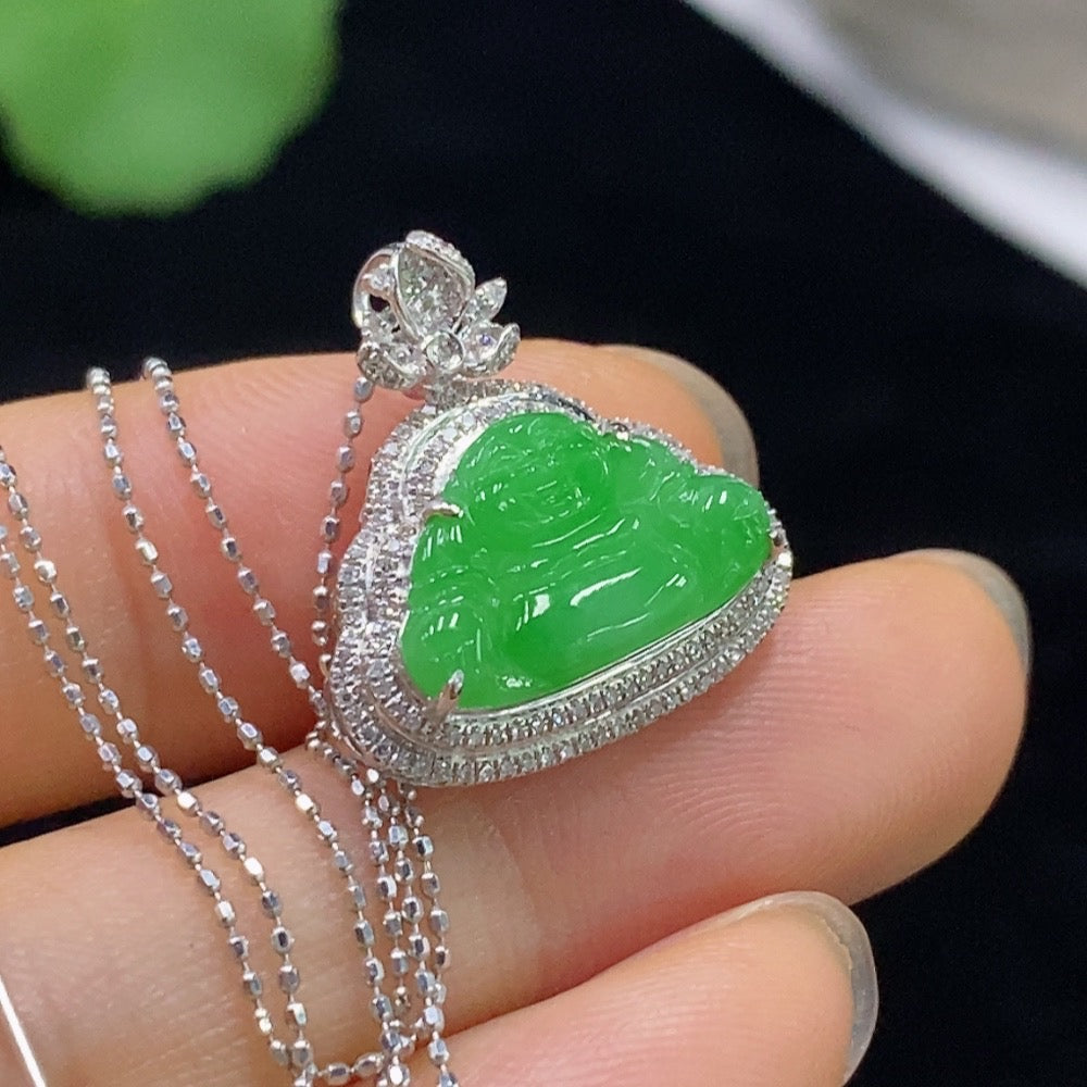 Jadeite Buddha Pendant Set with 18K Gold and Diamonds